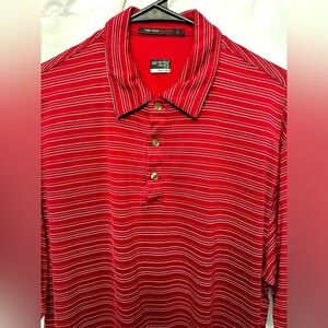 Tiger Woods Nike Golf Shirt Red Striped Collared Polo TW Logo Size Large